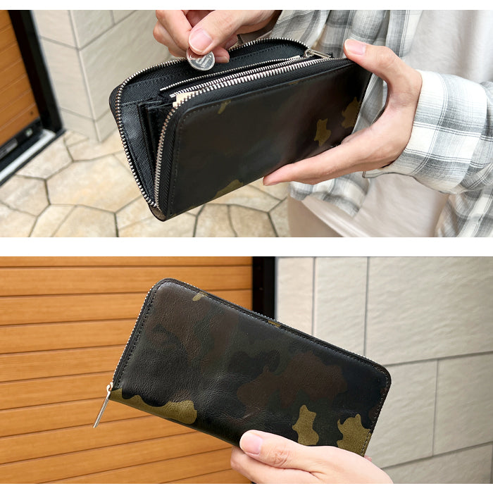 【財布の百貨店公式】 本革 カモフラ―ジュ 財布 長財布 ラウンド型ファスナー 牛革 メンズ 迷彩柄 カモフラ 【安心の返品保証付き】