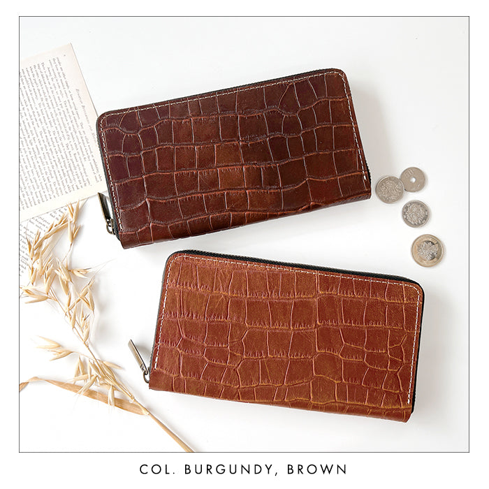 【財布の百貨店公式】 蛇腹 カードポケット付き 長財布 本革 クロコダイル 型押し 財布 ラウンド型ファスナー メンズ ｜ 品よく、しなやかに。クロコ型押しの本革長財布。 【安心の返品保証付き】
