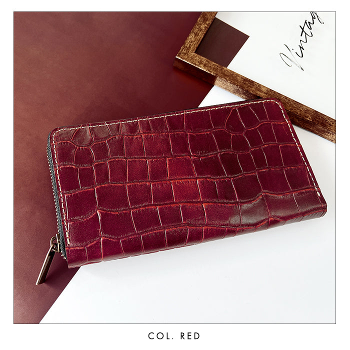 【財布の百貨店公式】 蛇腹 カードポケット付き 長財布 本革 クロコダイル 型押し 財布 ラウンド型ファスナー メンズ ｜ 品よく、しなやかに。クロコ型押しの本革長財布。 【安心の返品保証付き】