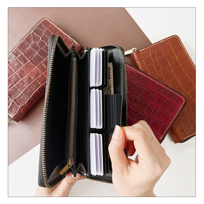 【財布の百貨店公式】 蛇腹 カードポケット付き 長財布 本革 クロコダイル 型押し 財布 ラウンド型ファスナー メンズ ｜ 品よく、しなやかに。クロコ型押しの本革長財布。 【安心の返品保証付き】