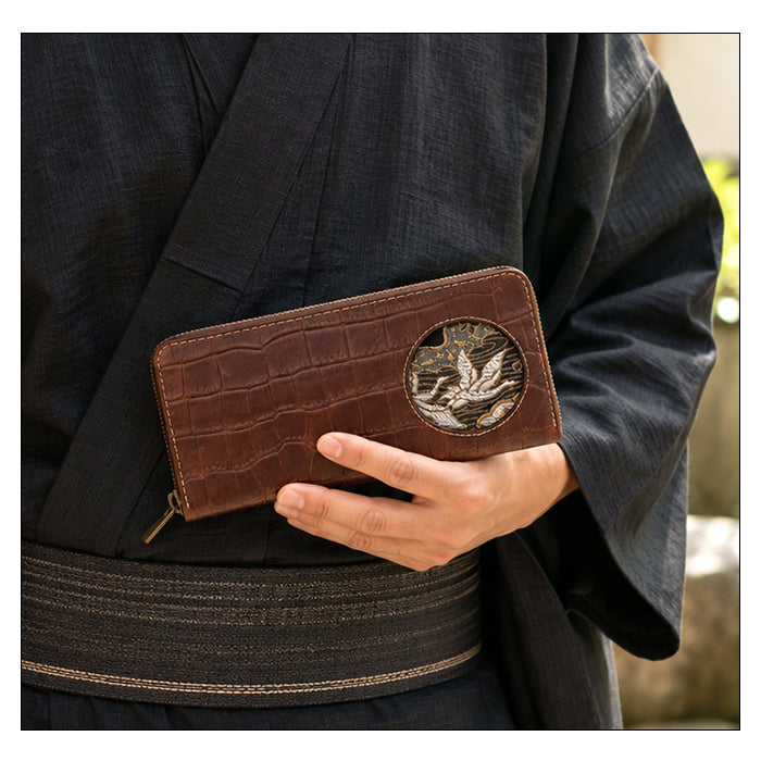 【財布の百貨店公式】 西陣織 本革 クロコダイル 源氏物語 「満月」ラウンド型長財布 本革 財布 長財布 カード収納 クロコ柄【安心の返品保証付き】