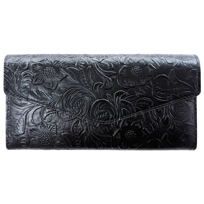【財布の百貨店公式】 本革 フラップ付き長財布 花型押し レディース 小銭入れ 三つ折り長財布 カード収納 コインケース サイフ さいふ ウォレット 革 レザー 花柄 WL-D3-09【安心の返品保証付き】