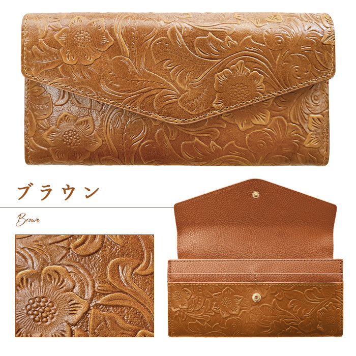【財布の百貨店公式】 本革 フラップ付き長財布 花型押し レディース 小銭入れ 三つ折り長財布 カード収納 コインケース サイフ さいふ ウォレット 革 レザー 花柄 WL-D3-09【安心の返品保証付き】
