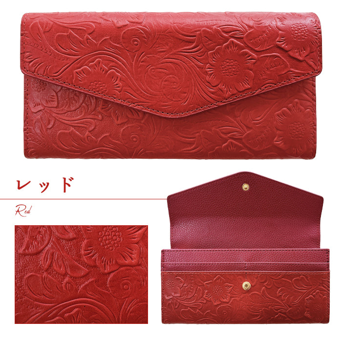 【財布の百貨店公式】 本革 フラップ付き長財布 花型押し レディース 小銭入れ 三つ折り長財布 カード収納 コインケース サイフ さいふ ウォレット 革 レザー 花柄 WL-D3-09【安心の返品保証付き】