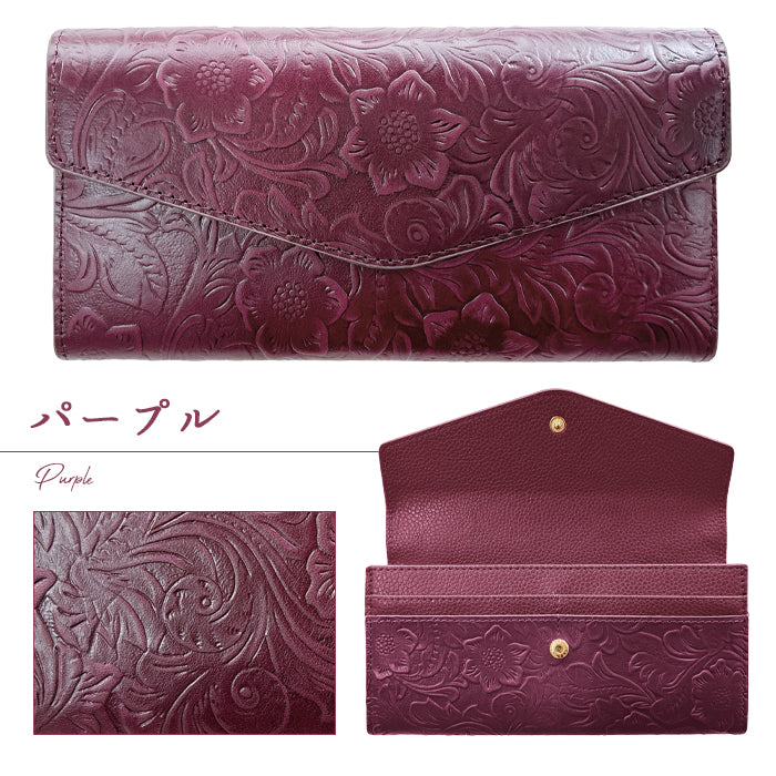 【財布の百貨店公式】 本革 フラップ付き長財布 花型押し レディース 小銭入れ 三つ折り長財布 カード収納 コインケース サイフ さいふ ウォレット 革 レザー 花柄 WL-D3-09【安心の返品保証付き】