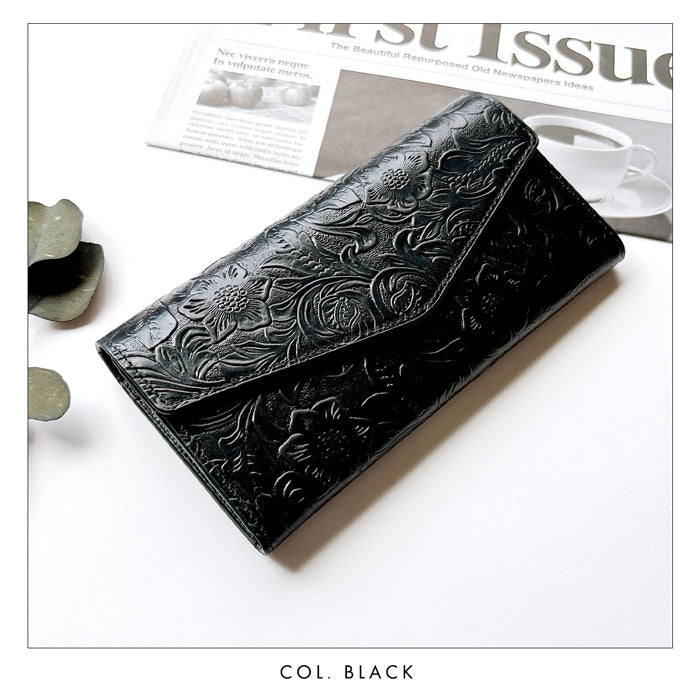 【財布の百貨店公式】 本革 フラップ付き長財布 花型押し レディース 小銭入れ 三つ折り長財布 カード収納 コインケース サイフ さいふ ウォレット 革 レザー 花柄 WL-D3-09【安心の返品保証付き】