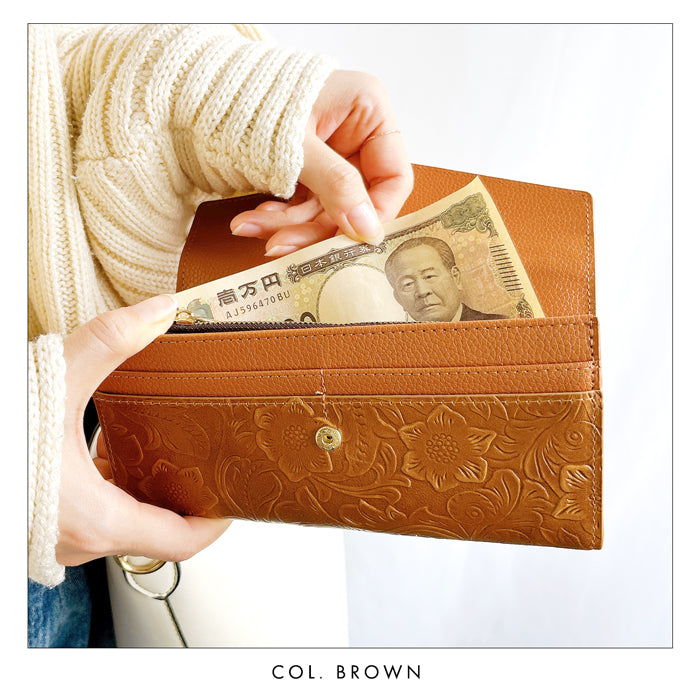 【財布の百貨店公式】 本革 フラップ付き長財布 花型押し レディース 小銭入れ 三つ折り長財布 カード収納 コインケース サイフ さいふ ウォレット 革 レザー 花柄 WL-D3-09【安心の返品保証付き】