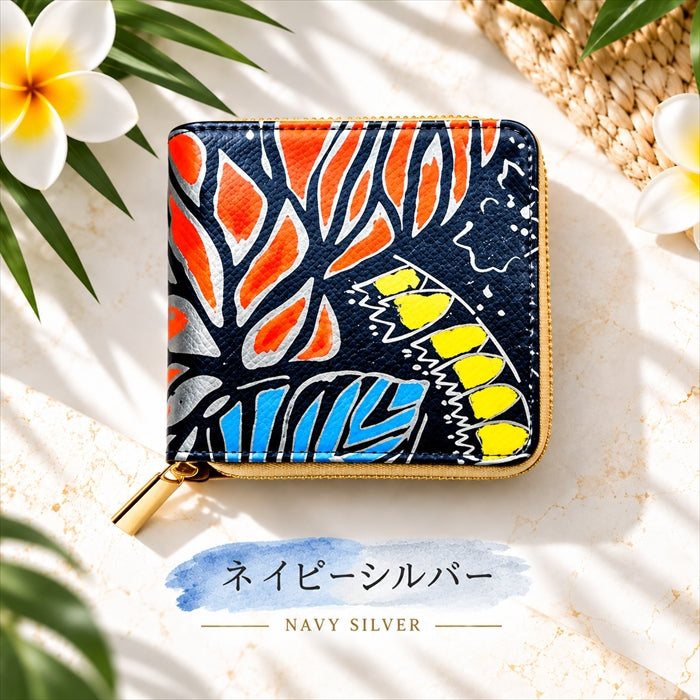 【財布の百貨店公式】本革 ハワイアン柄 ラウンド型 二つ折り財布 ラウンドファスナー 小銭入れ コンパクト コインケース付き 日本製 【安心の返品保証付き】