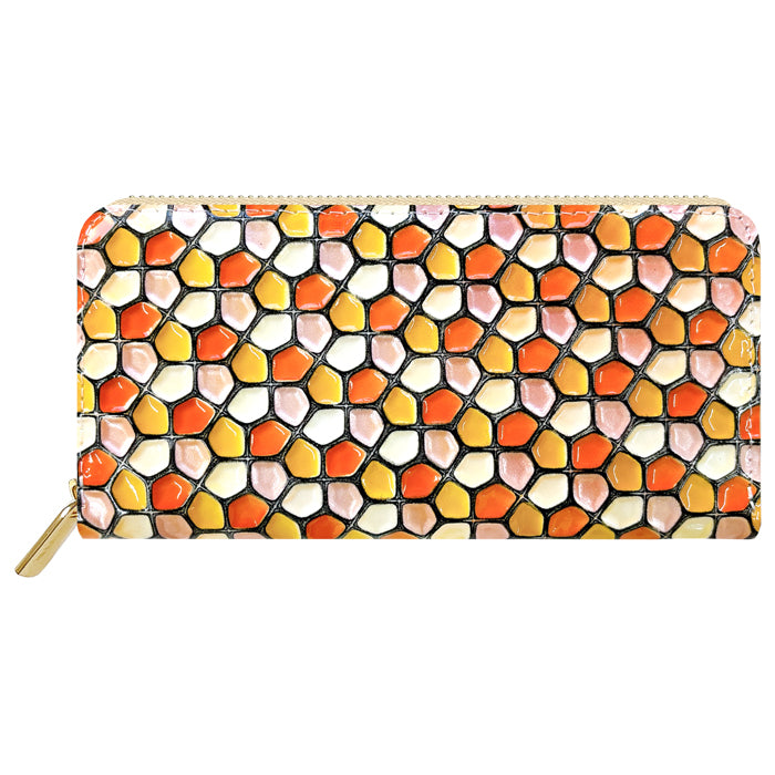 【財布の百貨店公式】 本革 ハニカムステンドグラス 長財布 レディース 財布 ラウンド型ファスナー 大容量 カード収納 ステンドグラス風 エナメル【安心の返品保証付き】