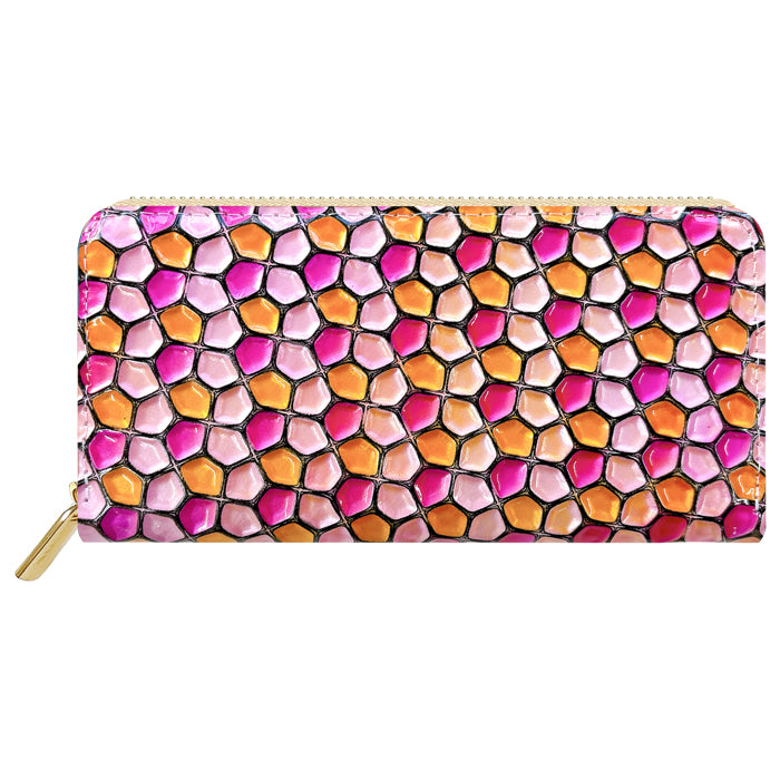 【財布の百貨店公式】 本革 ハニカムステンドグラス 長財布 レディース 財布 ラウンド型ファスナー 大容量 カード収納 ステンドグラス風 エナメル【安心の返品保証付き】