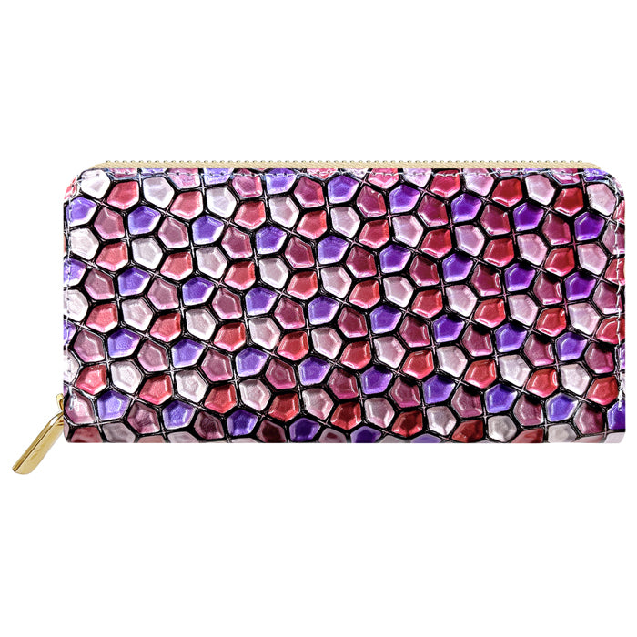 【財布の百貨店公式】 本革 ハニカムステンドグラス 長財布 レディース 財布 ラウンド型ファスナー 大容量 カード収納 ステンドグラス風 エナメル【安心の返品保証付き】