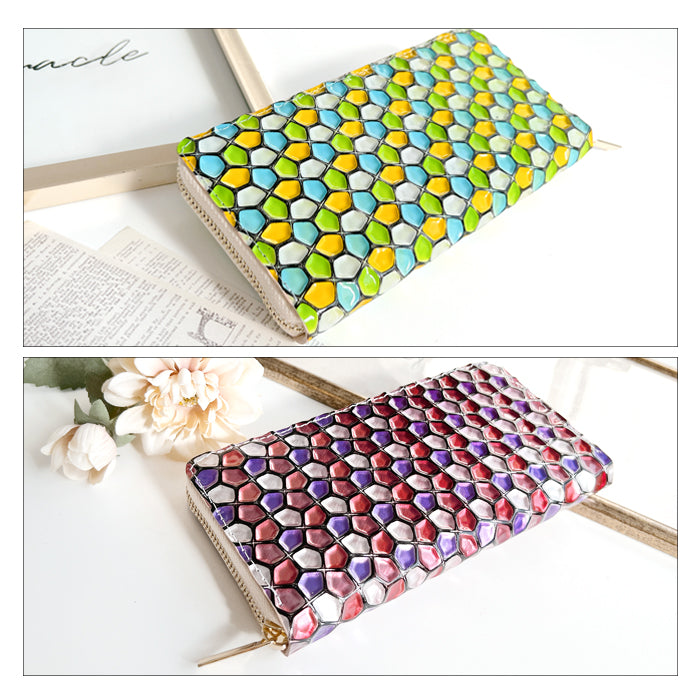 【財布の百貨店公式】 本革 ハニカムステンドグラス 長財布 レディース 財布 ラウンド型ファスナー 大容量 カード収納 ステンドグラス風 エナメル【安心の返品保証付き】