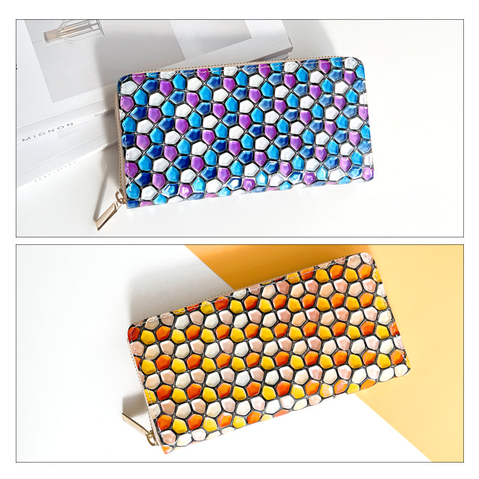 【財布の百貨店公式】 本革 ハニカムステンドグラス 長財布 レディース 財布 ラウンド型ファスナー 大容量 カード収納 ステンドグラス風 エナメル【安心の返品保証付き】