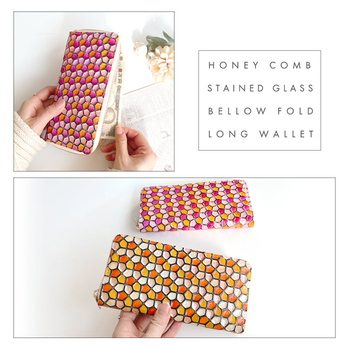 【財布の百貨店公式】 本革 ハニカムステンドグラス 長財布 レディース 財布 ラウンド型ファスナー 大容量 カード収納 ステンドグラス風 エナメル【安心の返品保証付き】