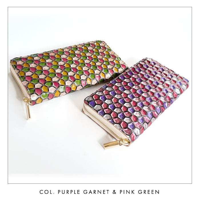 【財布の百貨店公式】 本革 ハニカムステンドグラス 長財布 レディース 財布 ラウンド型ファスナー 大容量 カード収納 ステンドグラス風 エナメル【安心の返品保証付き】