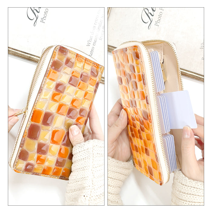 【財布の百貨店公式】 本革 ちょっと上品なステンドグラス 蛇腹 カードポケット付き 財布 長財布 レディース ラウンド型ファスナー【安心の返品保証付き】