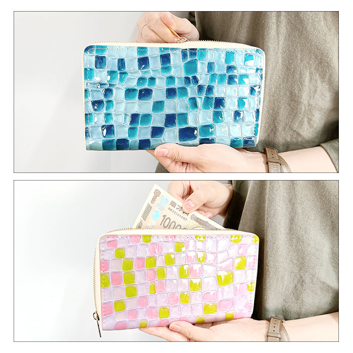 【財布の百貨店公式】 通帳も入る長財布 ちょっと上品なステンドグラス マルチケース 本革 パスポート 母子手帳 ケース 大容量 多機能 ラウンドファスナー レディース 型押し エナメル【安心の返品保証付き】