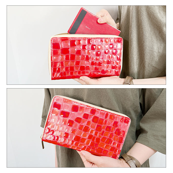 【財布の百貨店公式】 通帳も入る長財布 ちょっと上品なステンドグラス マルチケース 本革 パスポート 母子手帳 ケース 大容量 多機能 ラウンドファスナー レディース 型押し エナメル【安心の返品保証付き】