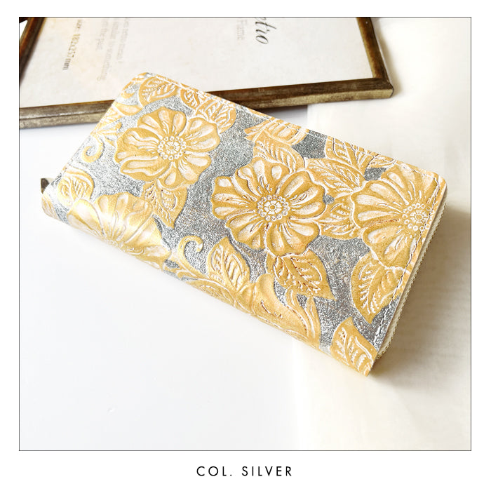 【財布の百貨店公式】 本革 ラメフラワー型押し 蛇腹 カードポケット付き 財布 長財布 ラウンド型ファスナー レディース 大容量 【安心の返品保証付き】