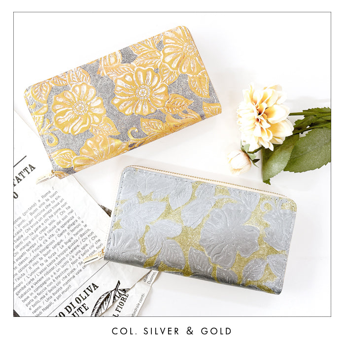 【財布の百貨店公式】 本革 ラメフラワー型押し 蛇腹 カードポケット付き 財布 長財布 ラウンド型ファスナー レディース 大容量 【安心の返品保証付き】