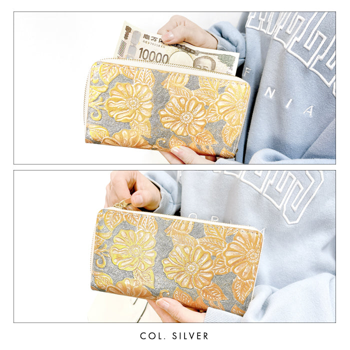 【財布の百貨店公式】 本革 ラメフラワー型押し 蛇腹 カードポケット付き 財布 長財布 ラウンド型ファスナー レディース 大容量 【安心の返品保証付き】
