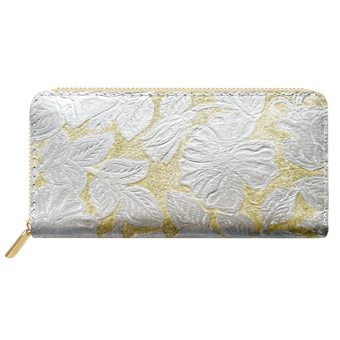 【財布の百貨店公式】 本革 ラメフラワー型押し 蛇腹 カードポケット付き 財布 長財布 ラウンド型ファスナー レディース 大容量 【安心の返品保証付き】