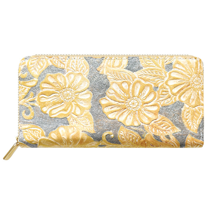 【財布の百貨店公式】 本革 ラメフラワー型押し 蛇腹 カードポケット付き 財布 長財布 ラウンド型ファスナー レディース 大容量 【安心の返品保証付き】