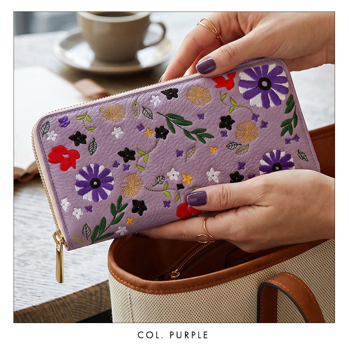 【財布の百貨店公式】 本革 マーガレット刺繡 長財布 財布 ラウンド型ファスナー レディース 型押し カード収納 花 [WL-R1-S3]【安心の返品保証付き】