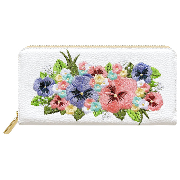 【財布の百貨店公式】 本革 パンジー刺繡 長財布 財布 ラウンド型 レディース 型押し カード収納 花 [WL-R1-S5]【安心の返品保証付き】