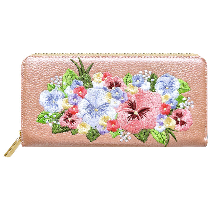 【財布の百貨店公式】 本革 パンジー刺繡 長財布 財布 ラウンド型 レディース 型押し カード収納 花 [WL-R1-S5]【安心の返品保証付き】