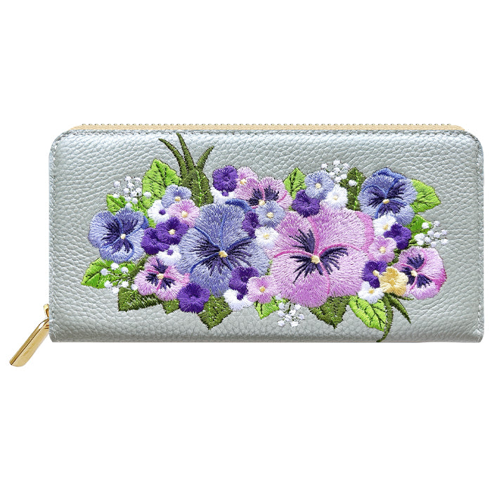 【財布の百貨店公式】 本革 パンジー刺繡 長財布 財布 ラウンド型 レディース 型押し カード収納 花 [WL-R1-S5]【安心の返品保証付き】