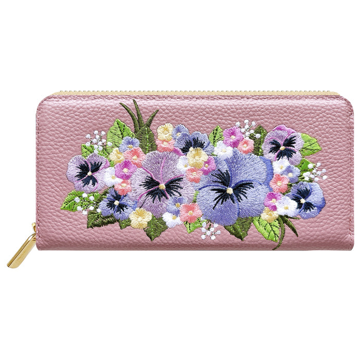 【財布の百貨店公式】 本革 パンジー刺繡 長財布 財布 ラウンド型 レディース 型押し カード収納 花 [WL-R1-S5]【安心の返品保証付き】