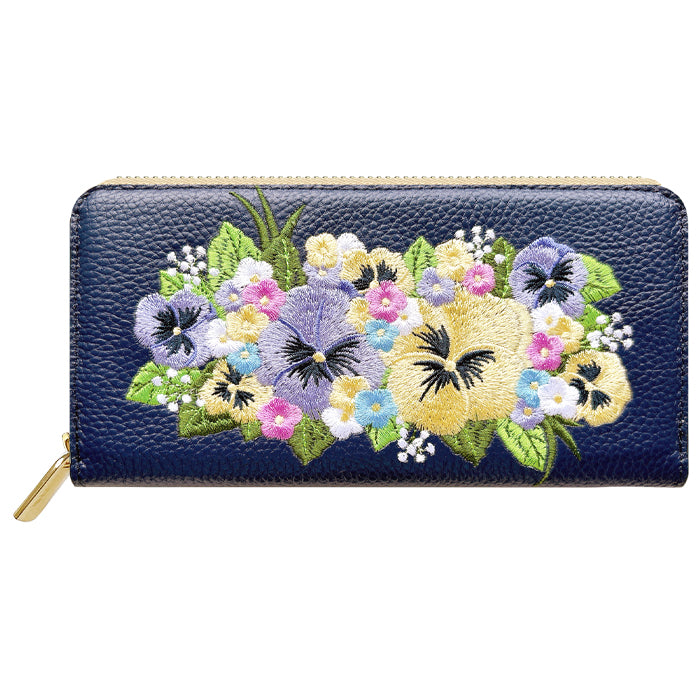 【財布の百貨店公式】 本革 パンジー刺繡 長財布 財布 ラウンド型 レディース 型押し カード収納 花 [WL-R1-S5]【安心の返品保証付き】