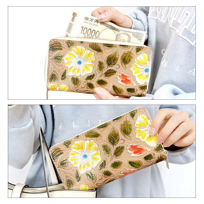 財布の百貨店公式】 本革 レトロな花型押し 蛇腹 カードポケット付き