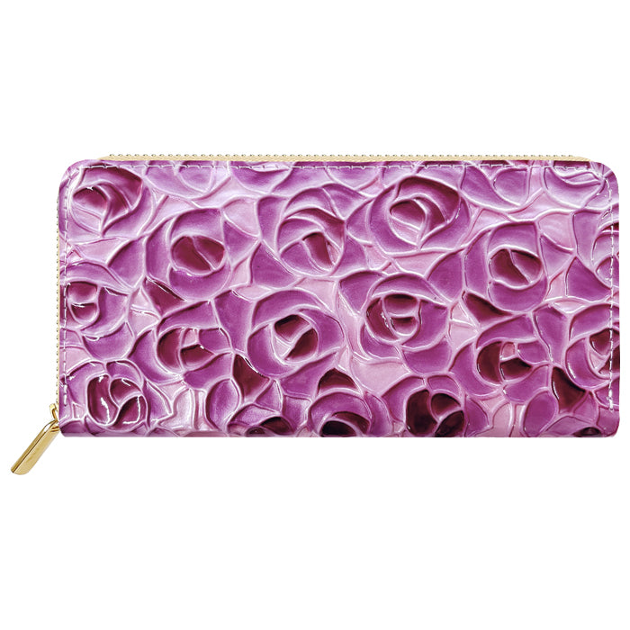 【財布の百貨店公式】 本革 ステンドグラスローズ 蛇腹 カードポケット付き 財布 長財布 レディース ラウンド型ファスナー エナメル 型押し【安心の返品保証付き】