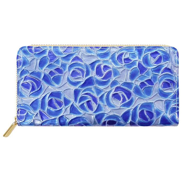 【財布の百貨店公式】 本革 ステンドグラスローズ 蛇腹 カードポケット付き 財布 長財布 レディース ラウンド型ファスナー エナメル 型押し【安心の返品保証付き】