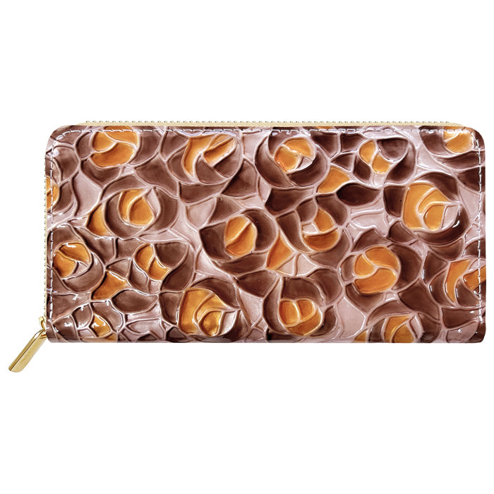 【財布の百貨店公式】 本革 ステンドグラスローズ 蛇腹 カードポケット付き 財布 長財布 レディース ラウンド型ファスナー エナメル 型押し【安心の返品保証付き】