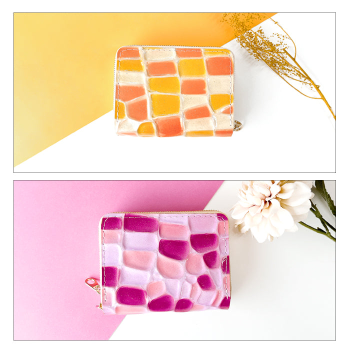 【財布の百貨店公式】 蛇腹 ダブルファスナー 財布 ステンドグラス 本革 カード収納 ミニ財布 小さい財布 使いやすい 牛革 革財布 ラウンド型財布 エナメル レディース 【安心の返品保証付き】