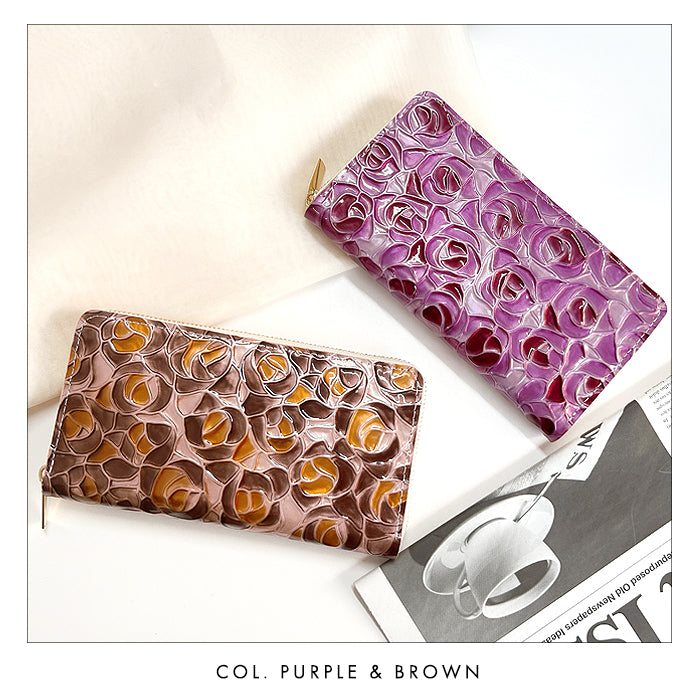 【財布の百貨店公式】 本革 ステンドグラスローズ 蛇腹 カードポケット付き 財布 長財布 レディース ラウンド型ファスナー エナメル 型押し【安心の返品保証付き】