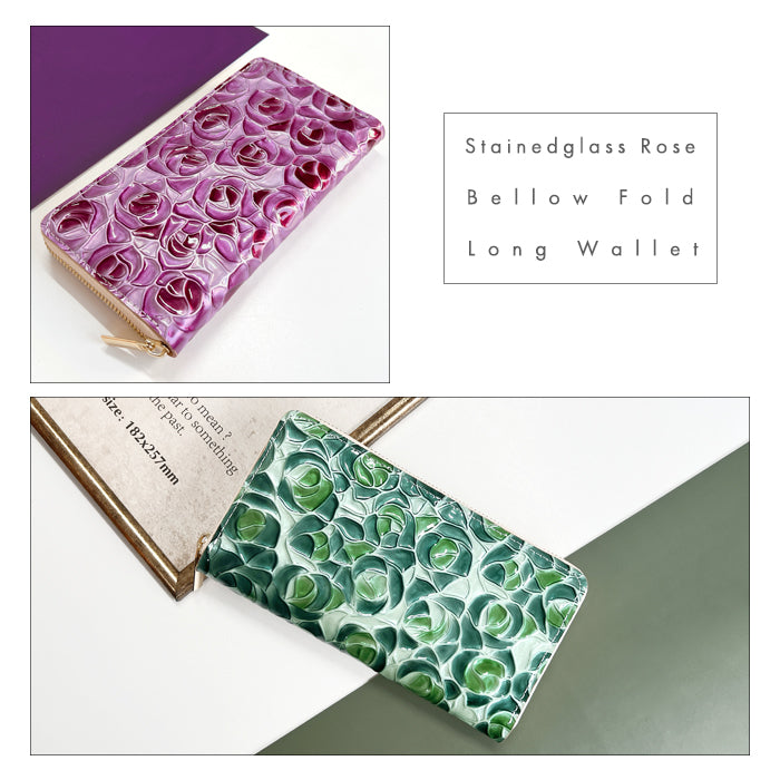 【財布の百貨店公式】 本革 ステンドグラスローズ 蛇腹 カードポケット付き 財布 長財布 レディース ラウンド型ファスナー エナメル 型押し【安心の返品保証付き】