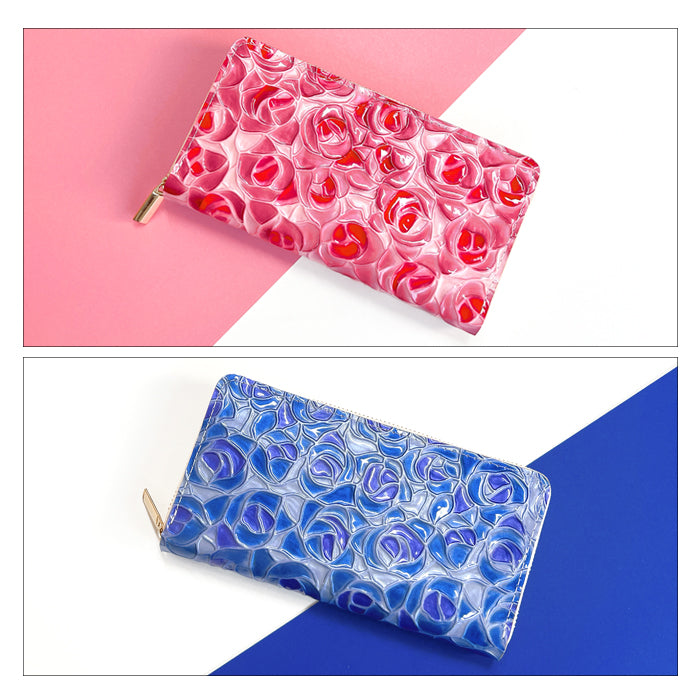 【財布の百貨店公式】 本革 ステンドグラスローズ 蛇腹 カードポケット付き 財布 長財布 レディース ラウンド型ファスナー エナメル 型押し【安心の返品保証付き】