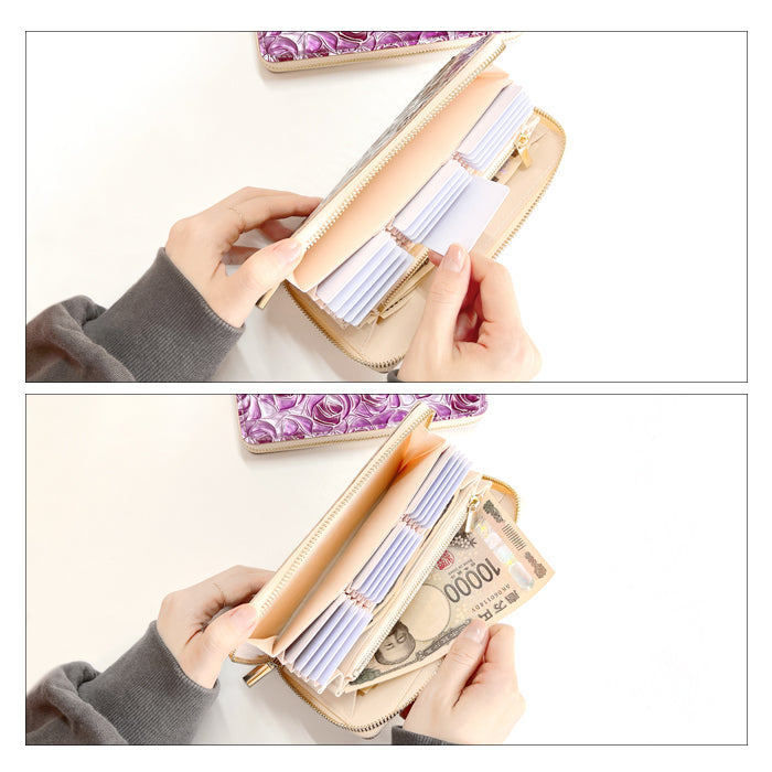 【財布の百貨店公式】 本革 ステンドグラスローズ 蛇腹 カードポケット付き 財布 長財布 レディース ラウンド型ファスナー エナメル 型押し【安心の返品保証付き】