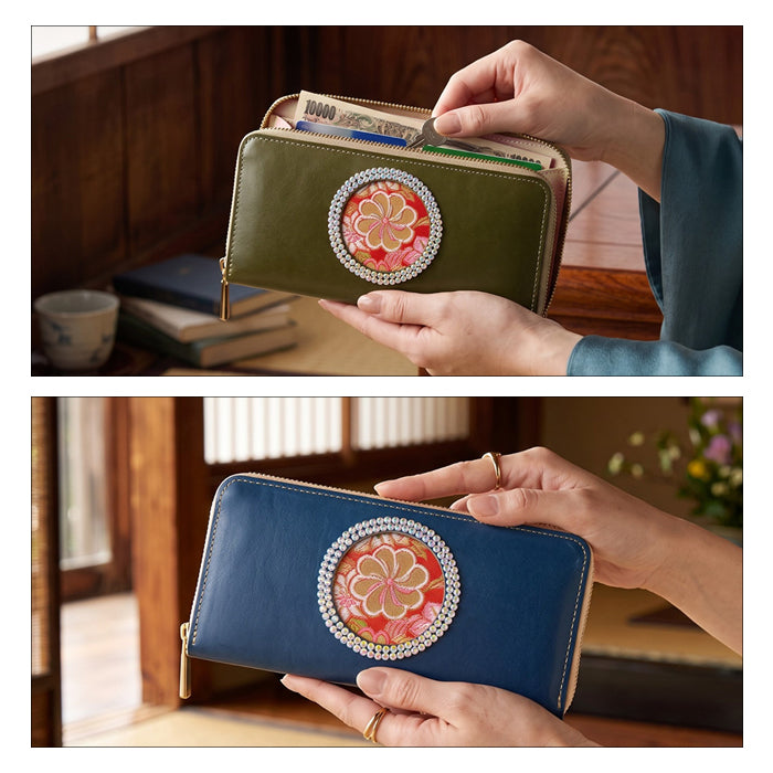 【財布の百貨店公式】 長財布 西陣織 本革レザー のしに花唐草・朱「満月」ラウンド型長財布 本革 栃木レザー 財布 カード収納 ラインストーン 【安心の返品保証付き】