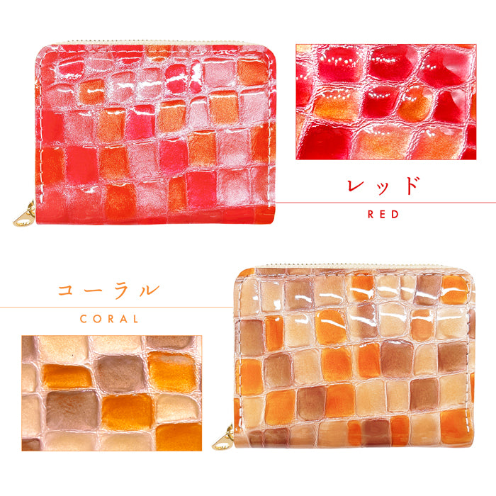 【財布の百貨店公式】 本革 財布 上品なステンドグラス 蛇腹 シンプル財布 ラウンド型ファスナー レディース ミニ財布 カード入れ エナメル 牛革 【安心の返品保証付き】
